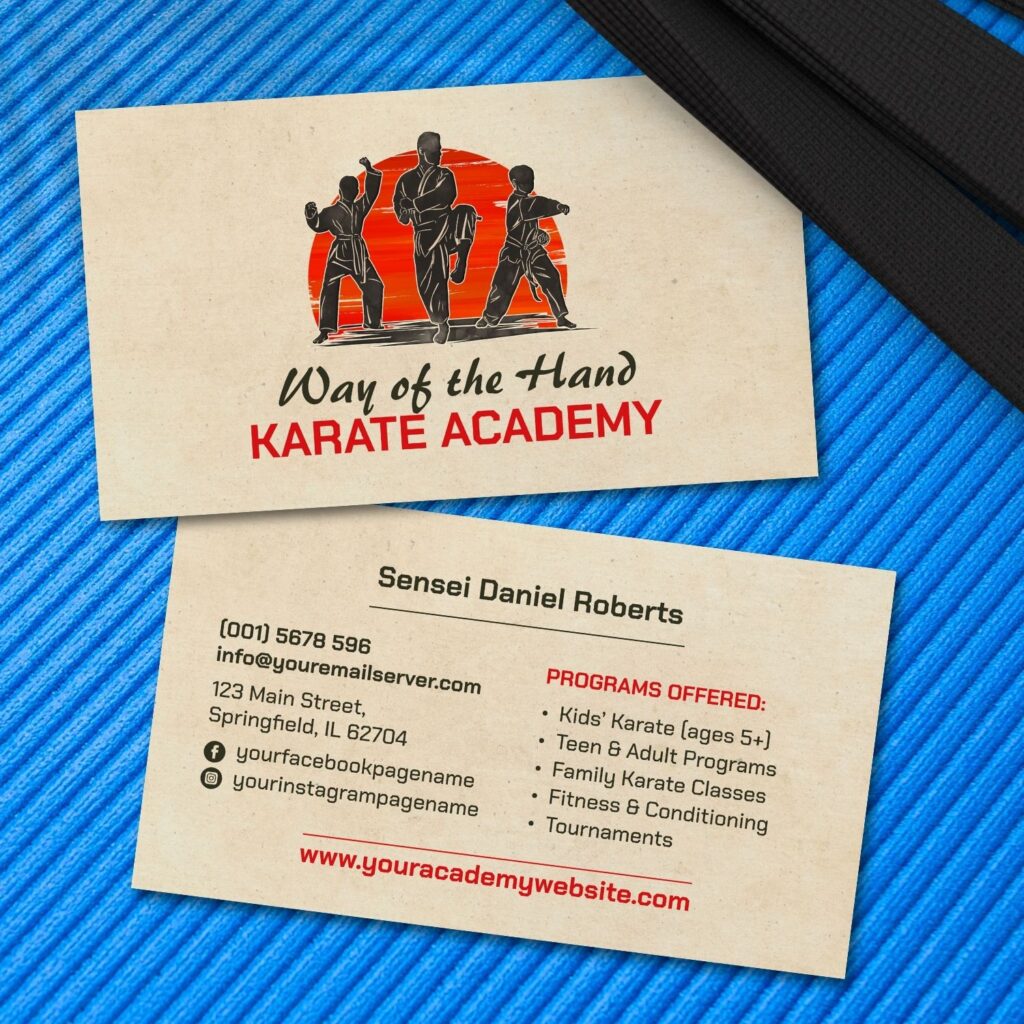 Karate academy card with adult and young karateka silhouettes