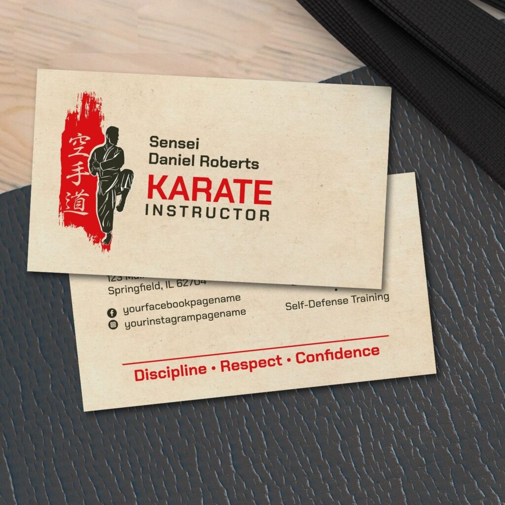 Karate instructor card with bold kanji and karateka figure