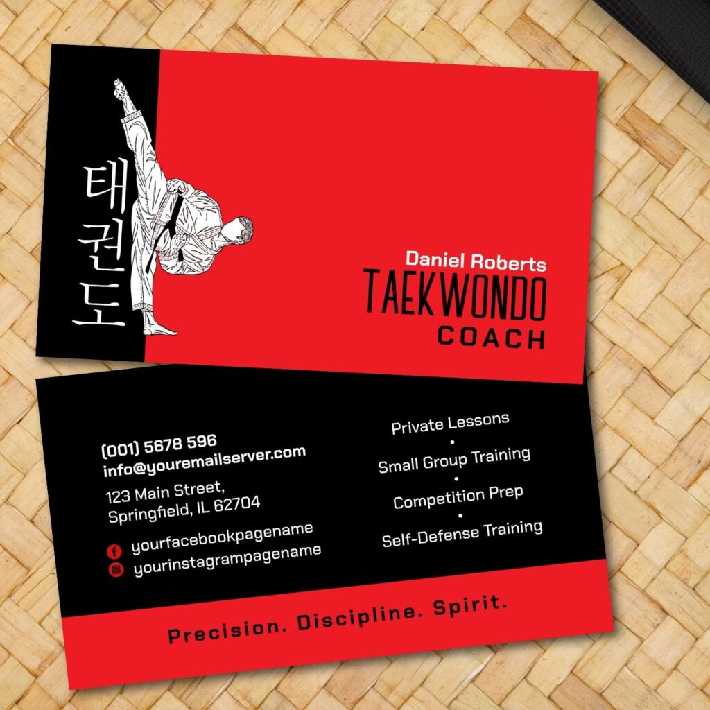 Elegant martial arts instructor card with Hangul lettering and symbol