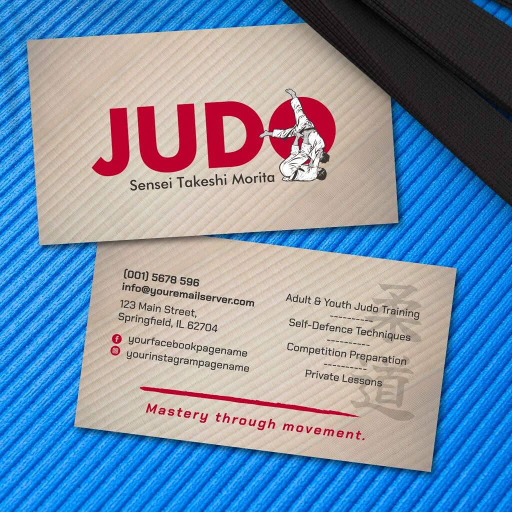 Professional Judo instructor card featuring Kanji and judoka in action