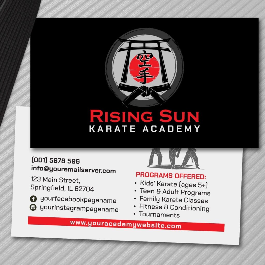 Karate academy card with torii gate, sun, and kanji