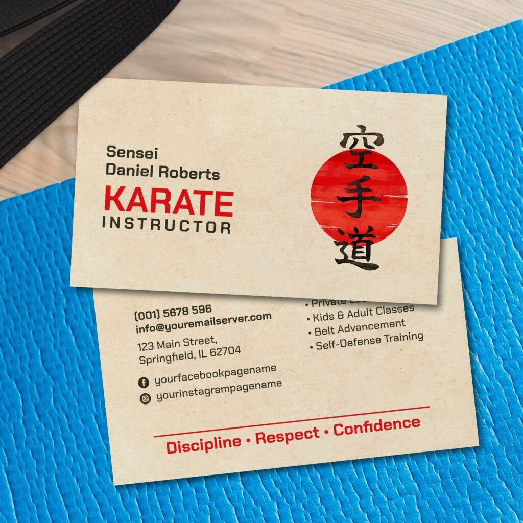 Karate instructor business card with Japanese kanji and sun